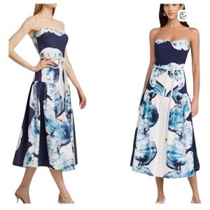 New SILVIA TCHERASSI Adelaida Midi Dress in Navy Abstract Wave Sz XS NWT